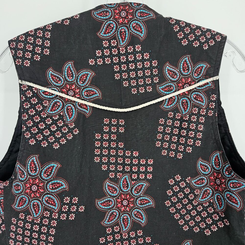 Western Boho Floral Vest Women Medium Black Blue Silver Buttons Beaded Lined - Picture 6 of 9